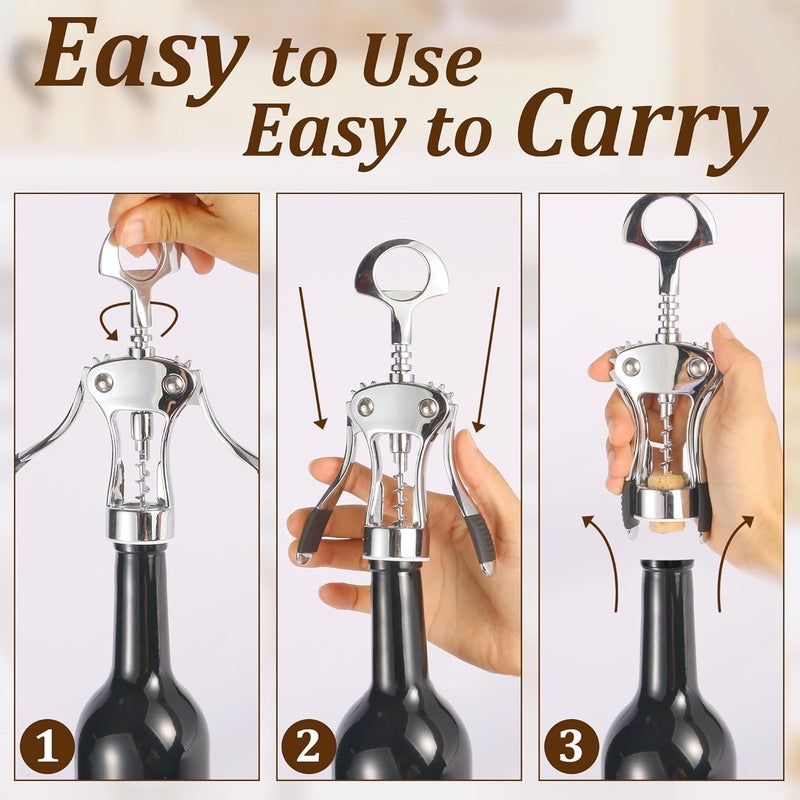 QONYFONE Wine Opener, Premium Zinc Alloy Wing Corkscrew, Heavy Duty Manual Multifunctional Bottle Opener for Kitchen, Restaurant, Bar and Waiters, Silver - Image 2